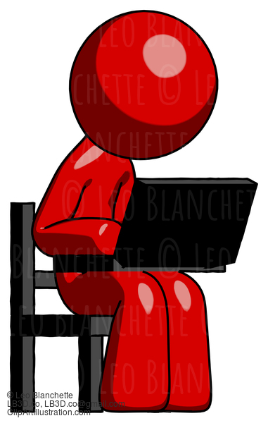 Red Design Mascot Man Using Laptop Computer While Sitting In Chair Angled Right #10338