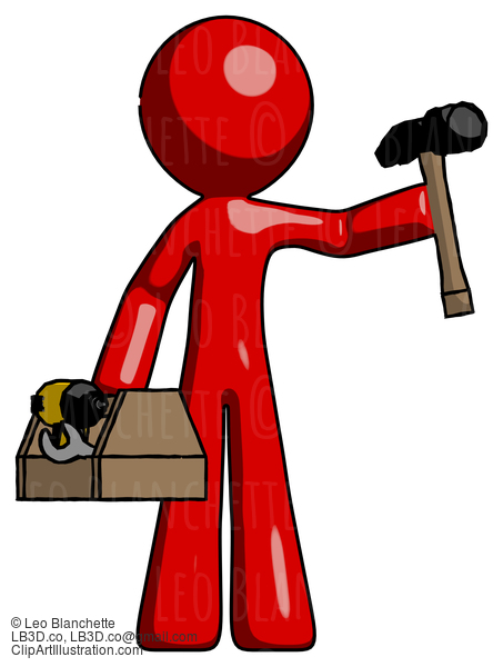 Red Design Mascot Man Holding Tools And Toolchest Ready To Work #10339