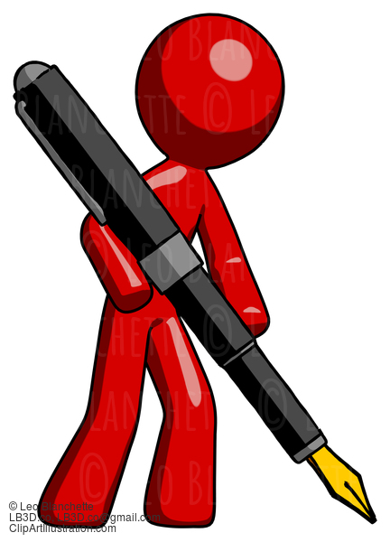 Red Design Mascot Man Drawing Or Writing With Large Calligraphy Pen #10340