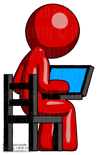 Red Design Mascot Man Using Laptop Computer While Sitting In Chair View From Back #10342