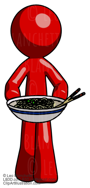 Red Design Mascot Man Serving Or Presenting Noodles #10346