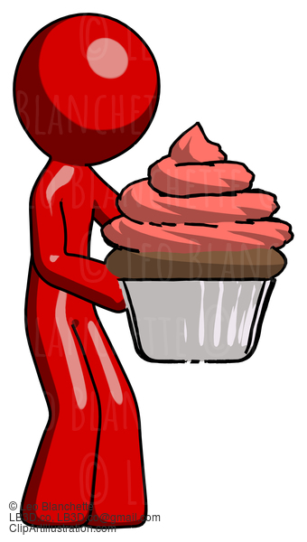 Red Design Mascot Man Holding Large Cupcake Ready To Eat Or Serve #10347