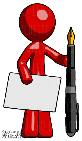 Red Design Mascot Man Holding Large Envelope And Calligraphy Pen #10348