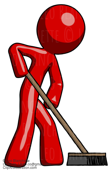 Red Design Mascot Man Cleaning Services Janitor Sweeping Side View #10349