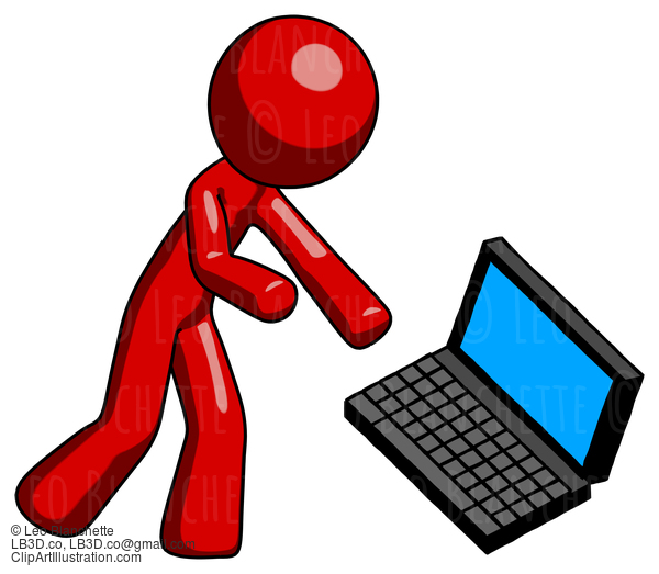 Red Design Mascot Man Throwing Laptop Computer In Frustration #10350