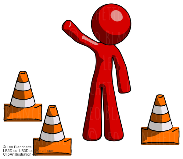 Red Design Mascot Man Standing By Traffic Cones Waving #10353