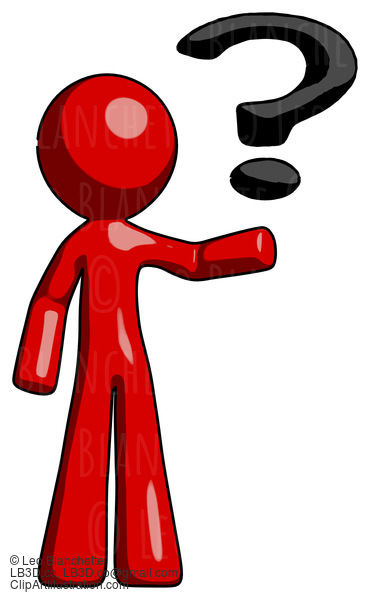 Red Design Mascot Man Holding Question Mark To Right #10357