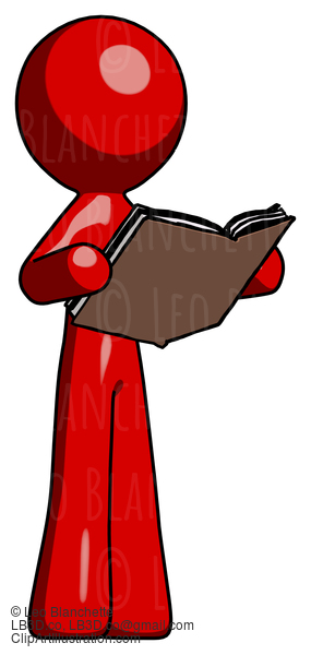 Red Design Mascot Man Reading Book While Standing Up Facing Away #10360