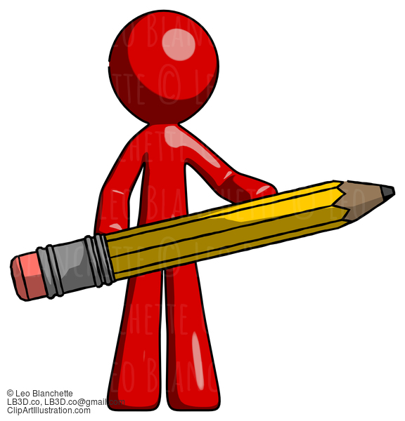 Red Design Mascot Man Writer Or Blogger Holding Large Pencil #10363