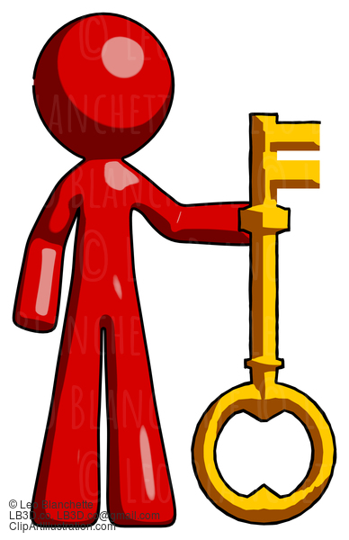 Red Design Mascot Man Holding Key Made Of Gold #10366