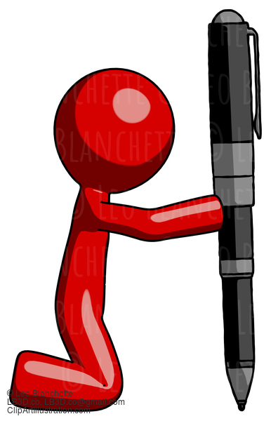 Red Design Mascot Man Posing With Giant Pen In Powerful Yet Awkward Manner. #10370