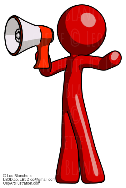 Red Design Mascot Man Shouting Into Megaphone Bullhorn Facing Left #10373