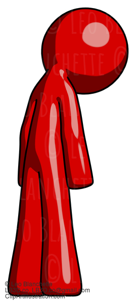 Red Design Mascot Man Depressed With Head Down, Back To Viewer, Right #10378