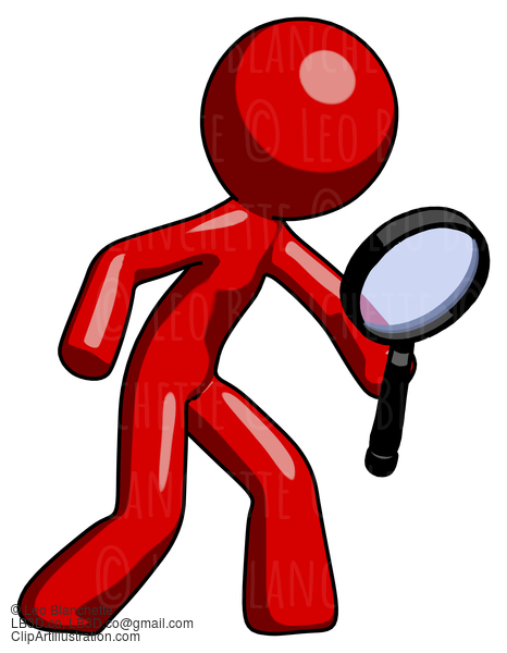 Red Design Mascot Man Inspecting With Large Magnifying Glass Right #10379