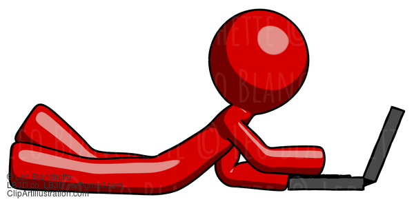 Red Design Mascot Man Using Laptop Computer While Lying On Floor Side View #10380