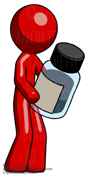 Red Design Mascot Man Holding Glass Medicine Bottle #10381