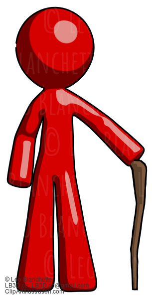 Red Design Mascot Man Standing With Hiking Stick #10382