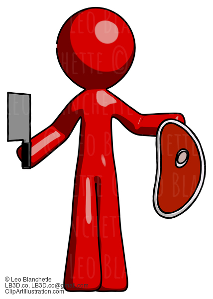 Red Design Mascot Man Holding Large Steak With Butcher Knife #10383