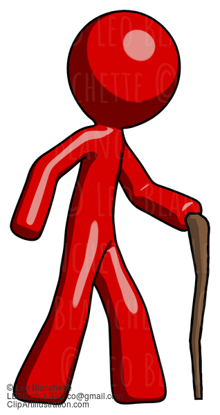 Red Design Mascot Man Walking With Hiking Stick #10384