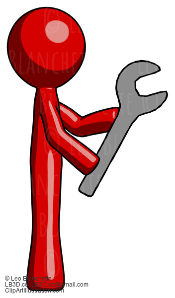 Red Design Mascot Man Using Wrench Adjusting Something To Right #10385