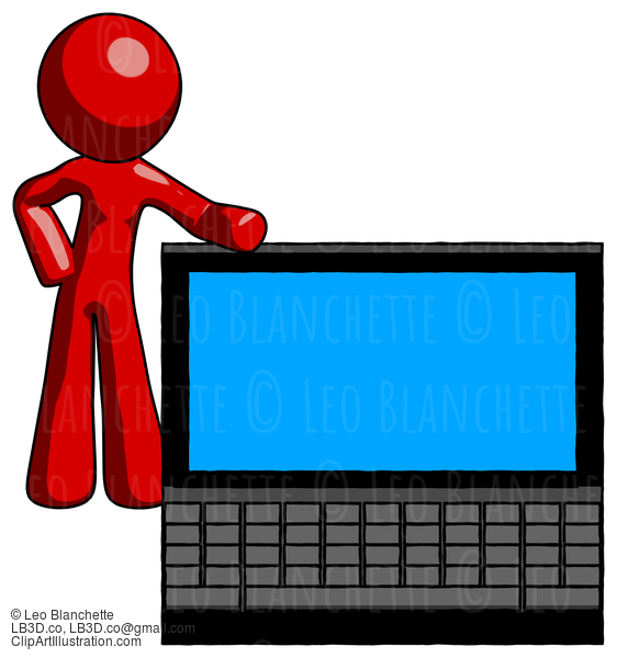 Red Design Mascot Man Beside Large Laptop Computer, Leaning Against It #10386