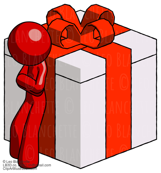 Red Design Mascot Man Leaning On Gift With Red Bow Angle View #10390