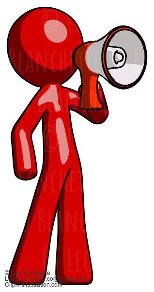 Red Design Mascot Man Shouting Into Megaphone Bullhorn Facing Right #10391