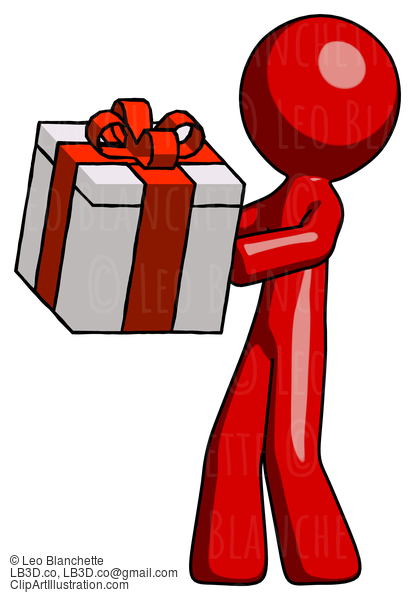 Red Design Mascot Man Presenting A Present With Large Red Bow On It #10392