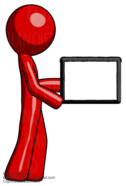 Red Design Mascot Man Show Tablet Device Computer To Viewer, Blank Area #10395