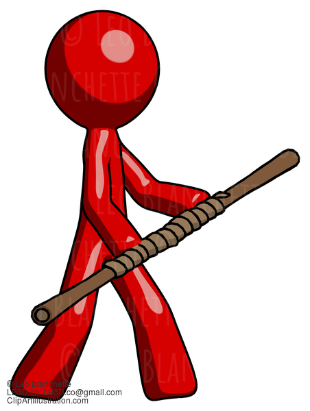 Red Design Mascot Man Holding Bo Staff In Sideways Defense Pose #10397