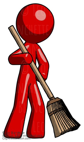 Red Design Mascot Man Sweeping Area With Broom #10399