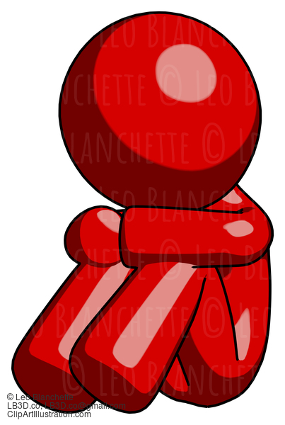 Red Design Mascot Man Sitting With Head Down Facing Angle Left #10401