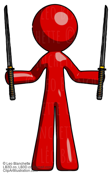 Red Design Mascot Man Posing With Two Ninja Sword Katanas Up #10407