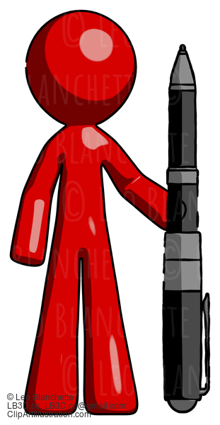 Red Design Mascot Man Holding Large Pen #10410