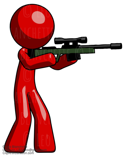 Red Design Mascot Man Shooting Sniper Rifle #10415