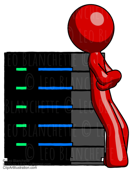 Red Design Mascot Man Resting Against Server Rack Viewed At Angle #10416