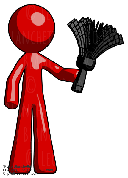 Red Design Mascot Man Holding Feather Duster Facing Forward #10418