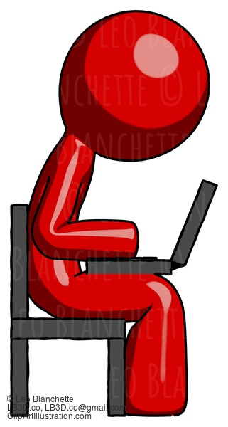 Red Design Mascot Man Using Laptop Computer While Sitting In Chair View From Side #10424