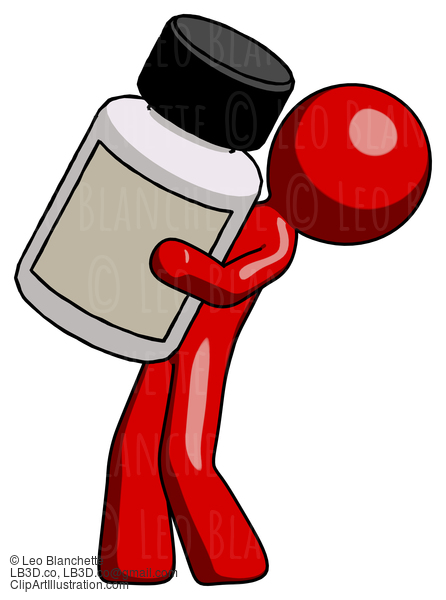 Red Design Mascot Man Holding Large White Medicine Bottle #10427