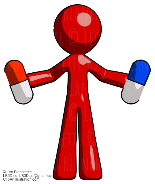 Red Design Mascot Man Holding A Red Pill And Blue Pill #10428