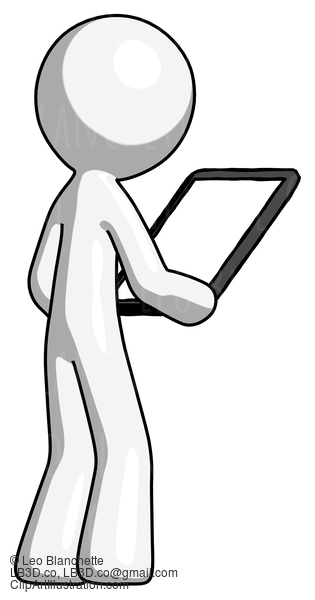 White Design Mascot Man Looking At Tablet Device Computer Facing Away #8907