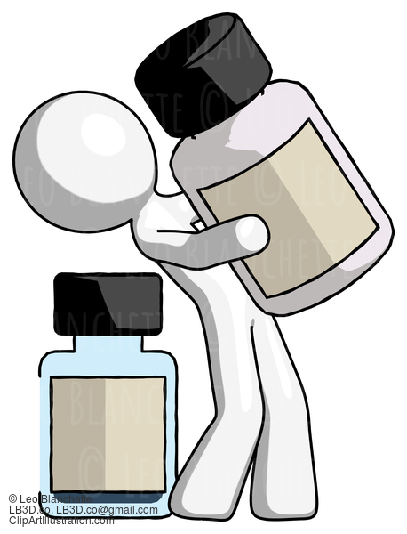 White Design Mascot Man Holding Large White Medicine Bottle With Bottle In Background #8908