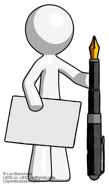 White Design Mascot Man Holding Large Envelope And Calligraphy Pen #8913