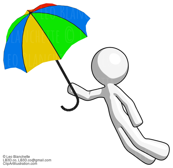 White Design Mascot Man Flying With Rainbow Colored Umbrella #8917