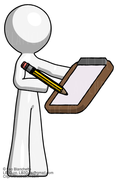 White Design Mascot Man Using Clipboard And Pencil #8921