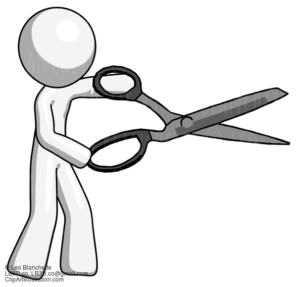 White Design Mascot Man Holding Giant Scissors Cutting Out Something #8923