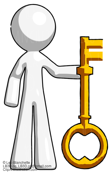 White Design Mascot Man Holding Key Made Of Gold #8930