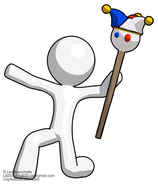 White Design Mascot Man Holding Jester Staff Posing Charismatically #8934