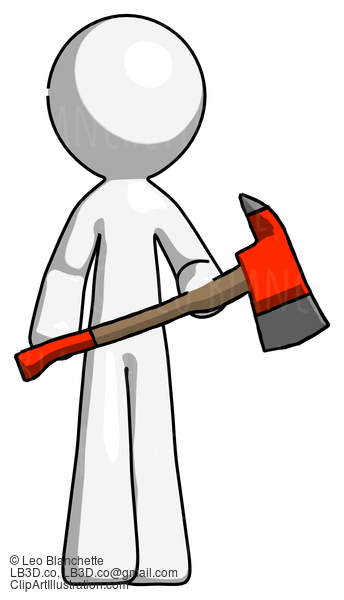 White Design Mascot Man Holding Red Fire Fighter’S Ax #8944