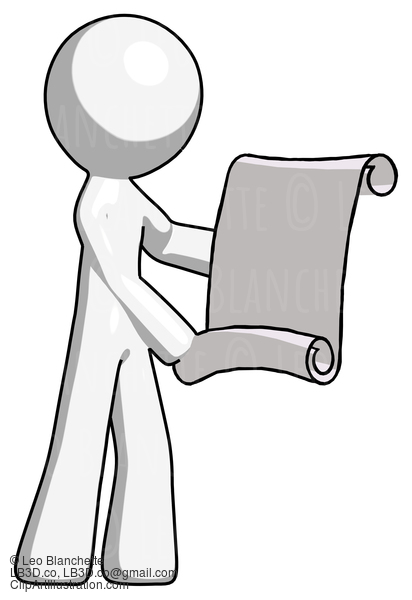 White Design Mascot Man Holding Blueprints Or Scroll #8947